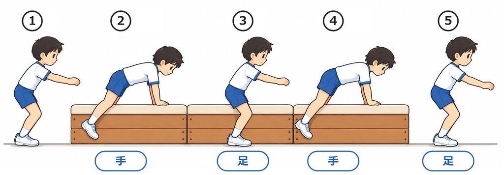 跳び箱1段を手と足で交互について渡っていく5コマ