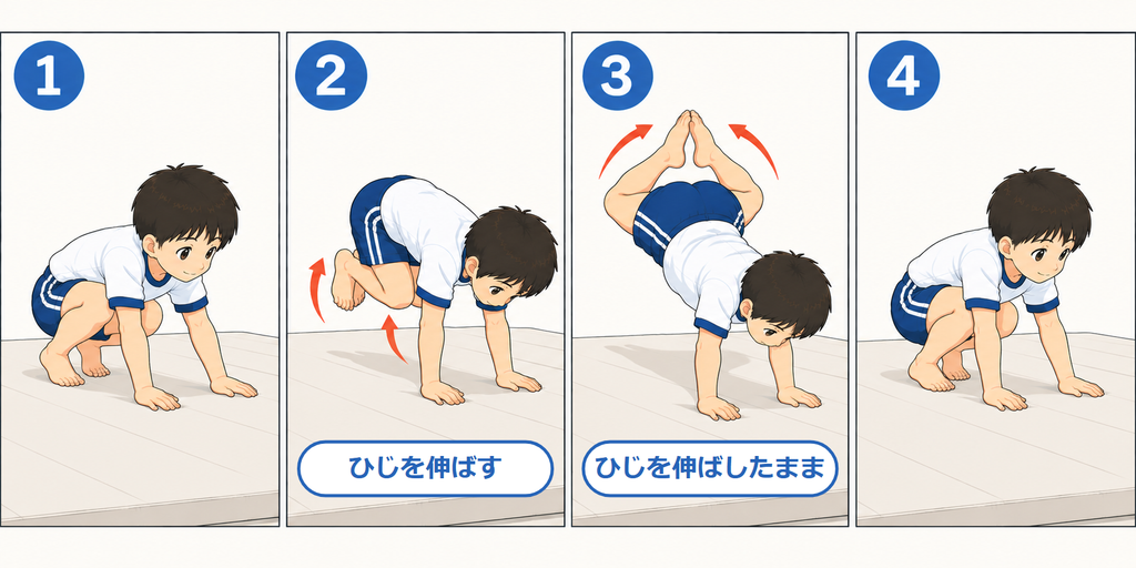 カエルの足たたきの4コマ。しゃがんで手をつき、ひじを伸ばしたまま足を上げて、空中で足の裏をたたく
