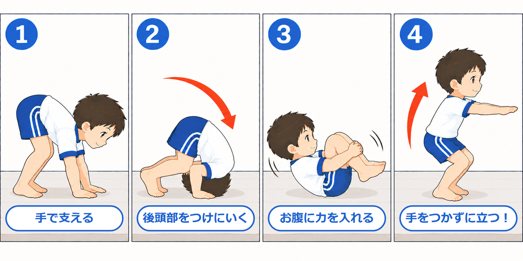 前転の4コマ。手で支える、後頭部をつけにいく、お腹に力を入れる、手をつかずに立つ