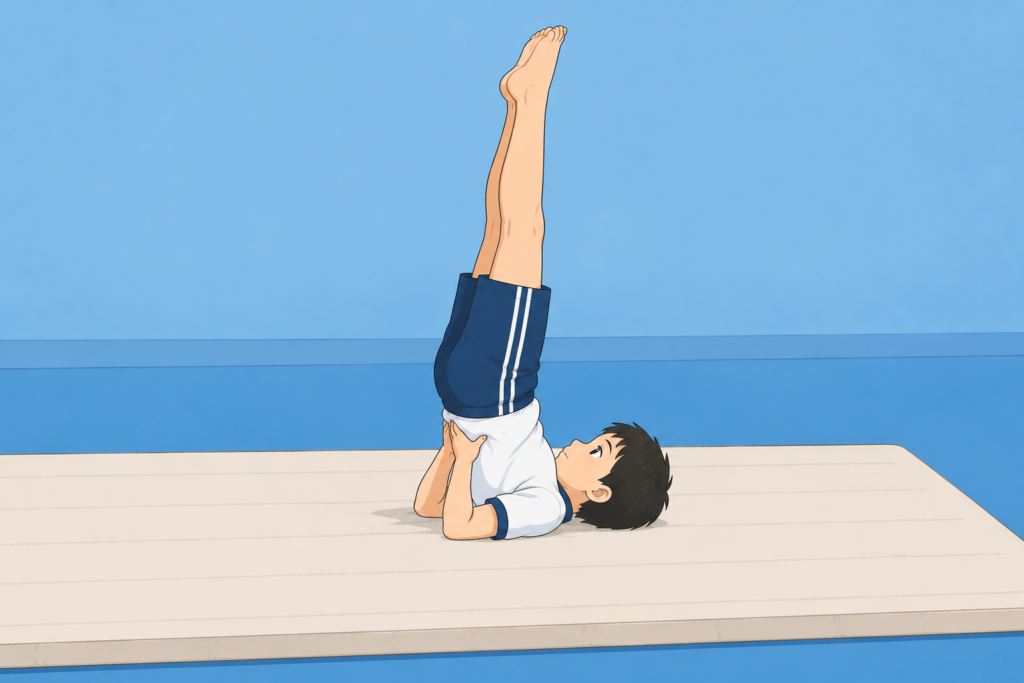 背倒立。背中を下にして寝転がり、腰を浮かせて足を天井へまっすぐ上げる